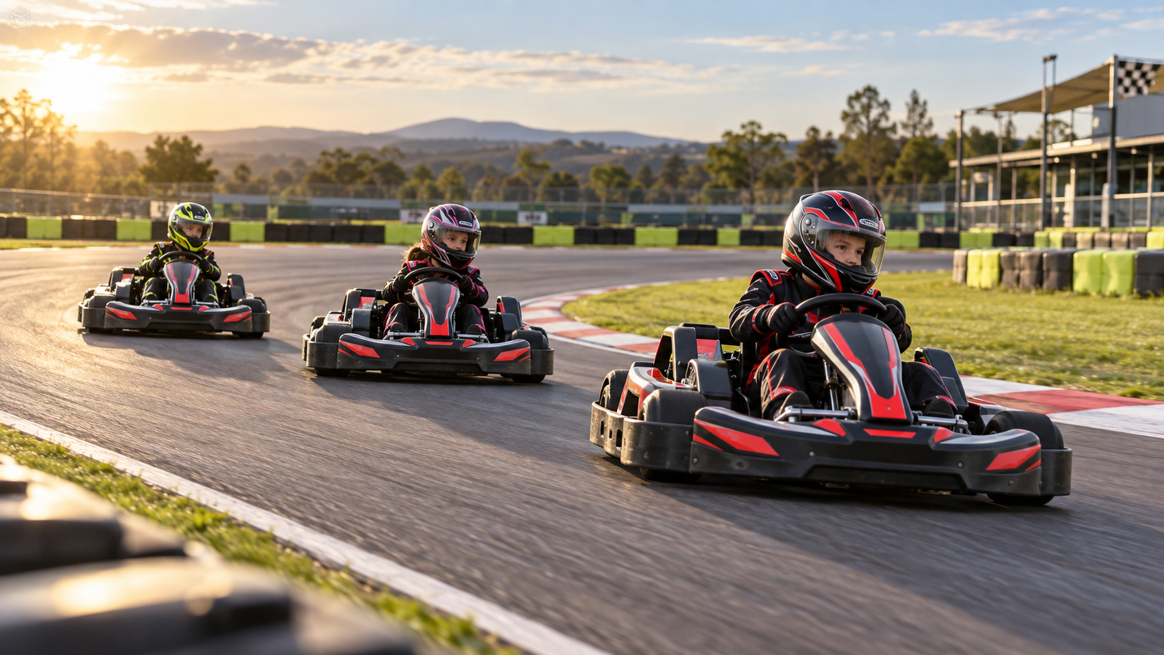 Children racing safely in child-sized go-karts