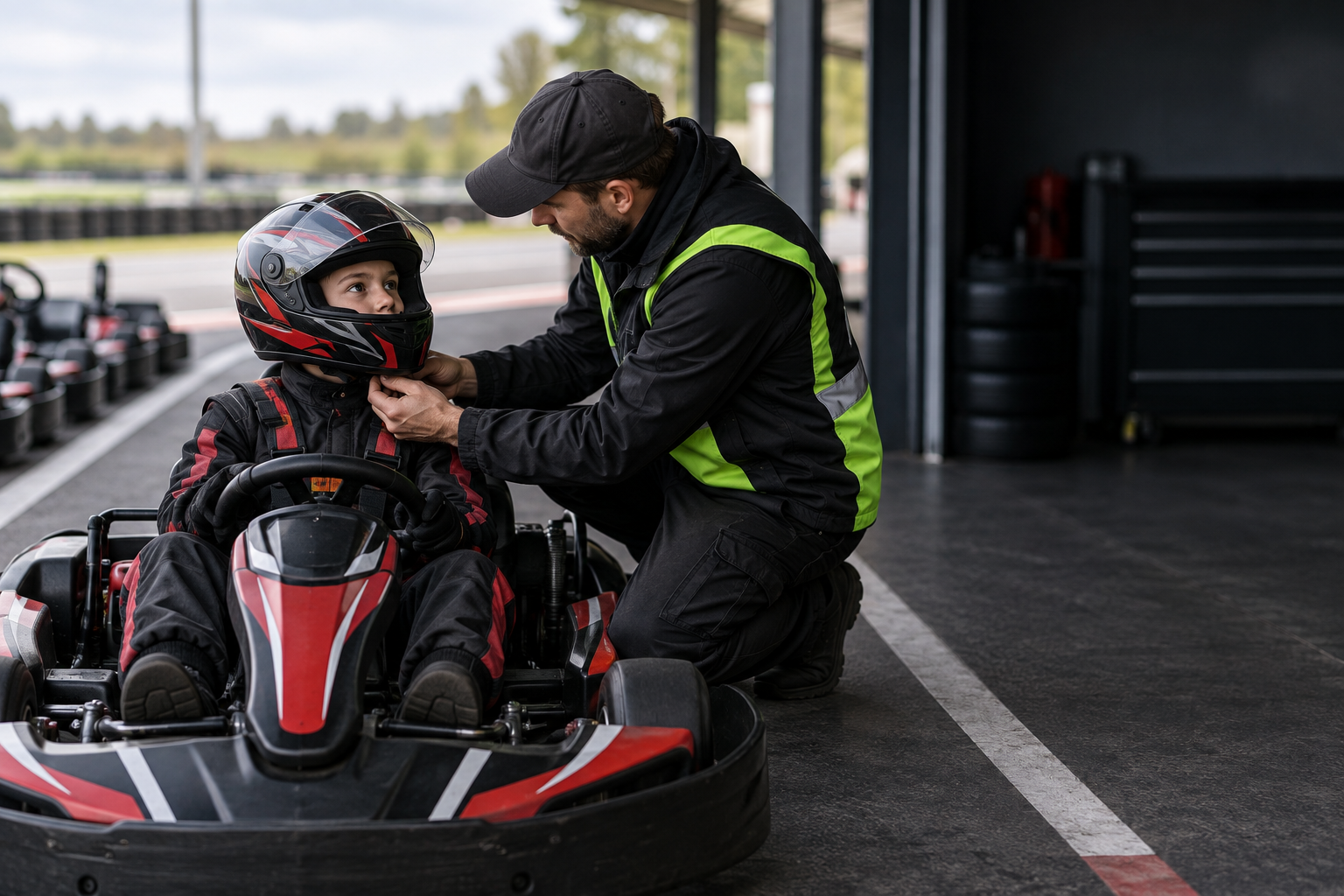 Track marshal fitting a child's safety helmet